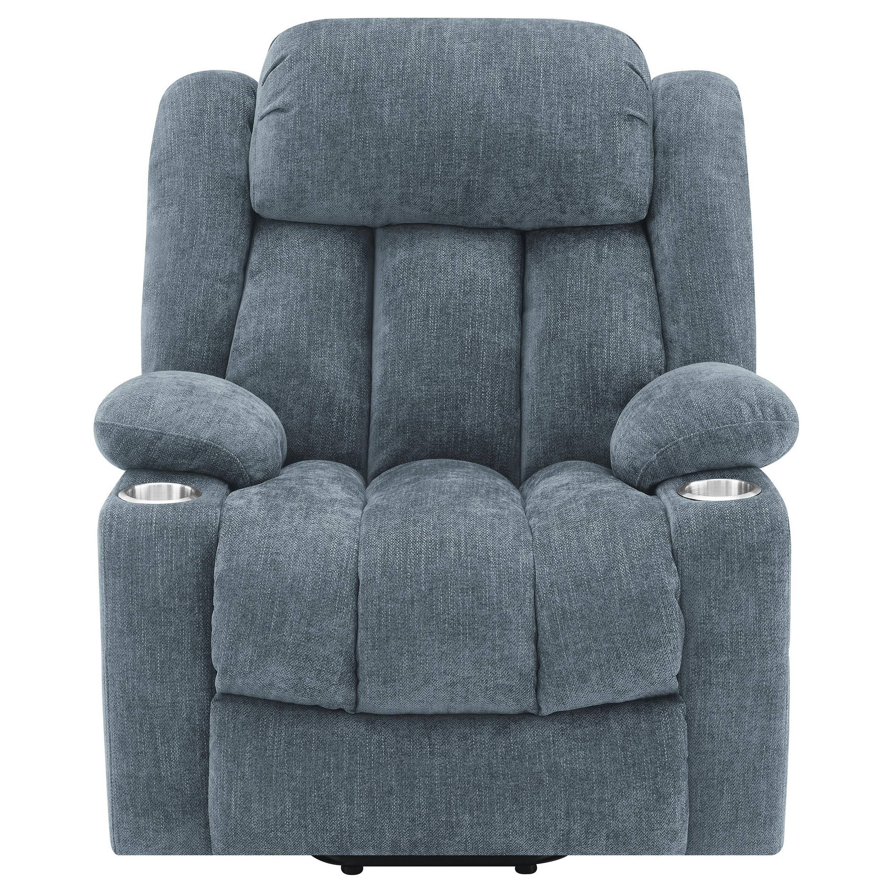 Left. Manhattan Lane - Limi Power Lift Recliner Chair, Slate , USB Port, Cupholders - Slate Blue.