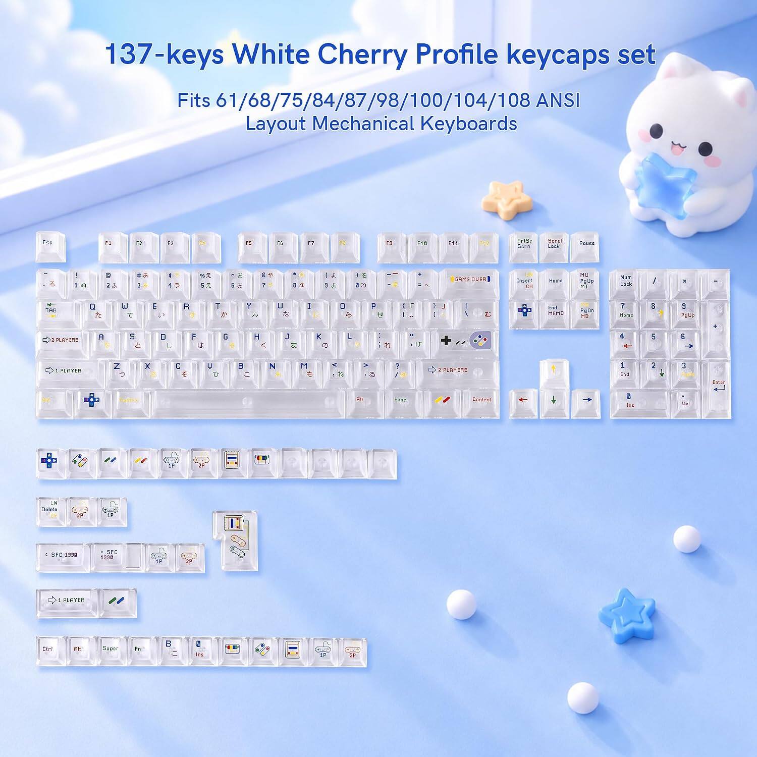 137-keys White Cherry Profile keycaps set Fits 61/68/75/84/87/98/100/104/108 ANSI Layout Mechanical Keyboards

Esc
F1
F2
F3
F4
F5
F6
F7
F8
F9
F10
F11
F12
Pause
Lock
Pause
Home
PgUp
Num Lock
/
3
f TAB
0
E
A
T
Y
U
I
O
P
I
J
1
U
End
MEME
M8
7
E
5
PgUp
PLAYERS
A
S
D
F
G
H
J
K
L
4
5
E
PLAYER
Z
C
X
V
N
M
2
?
PLAYERS
1
2
3
In
"
N
Delete
-
9
SFC 1390
P
1 PLAYER
Dri

Super
to
B
2 ing