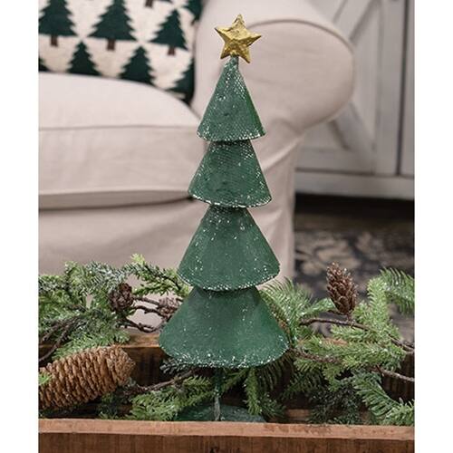 Angle. BreeBe - Distressed Textured Metal Christmas Tree 14" - Green.