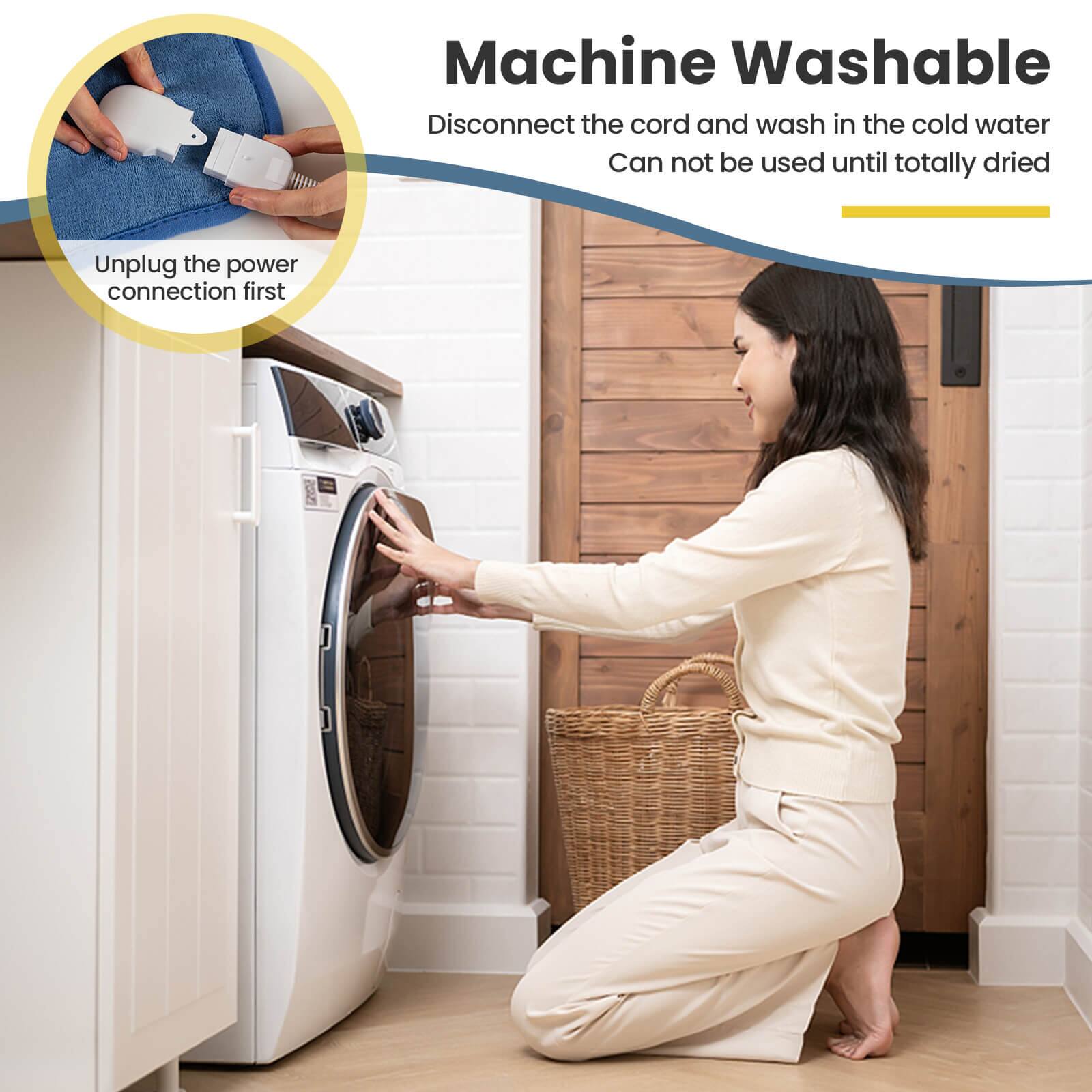 Machine Washable  
Disconnect the cord and wash in the cold water  
Can not be used until totally dried  
Unplug the power connection first
