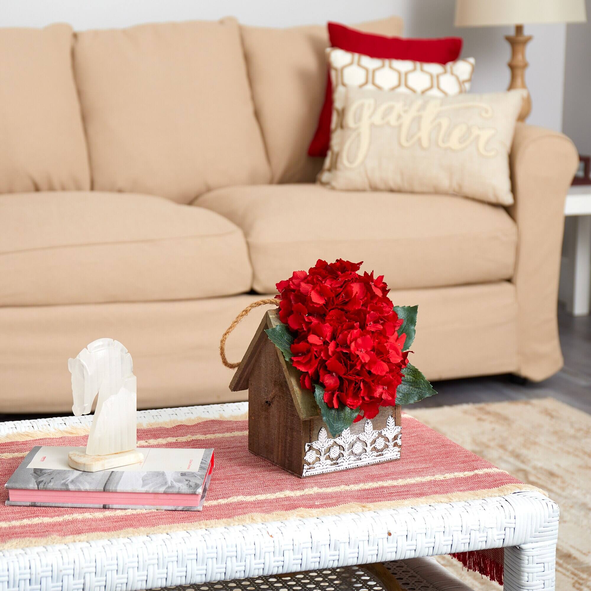 Back. BreeBe - 10" Hydrangea Arrangement in Hanging Design House Planter - Red.