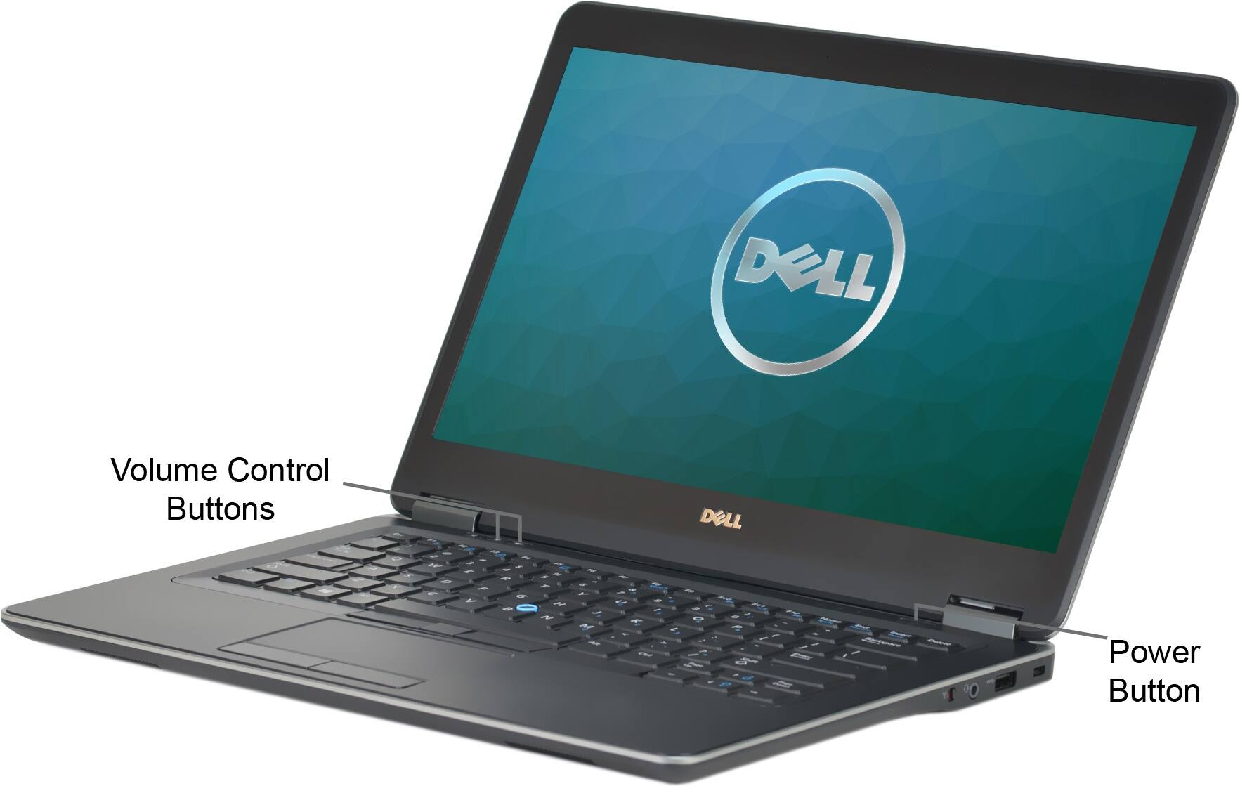 The image shows a Dell laptop computer with a volume control panel. The panel has a volume control button and a power button. The laptop is open and ready for use.