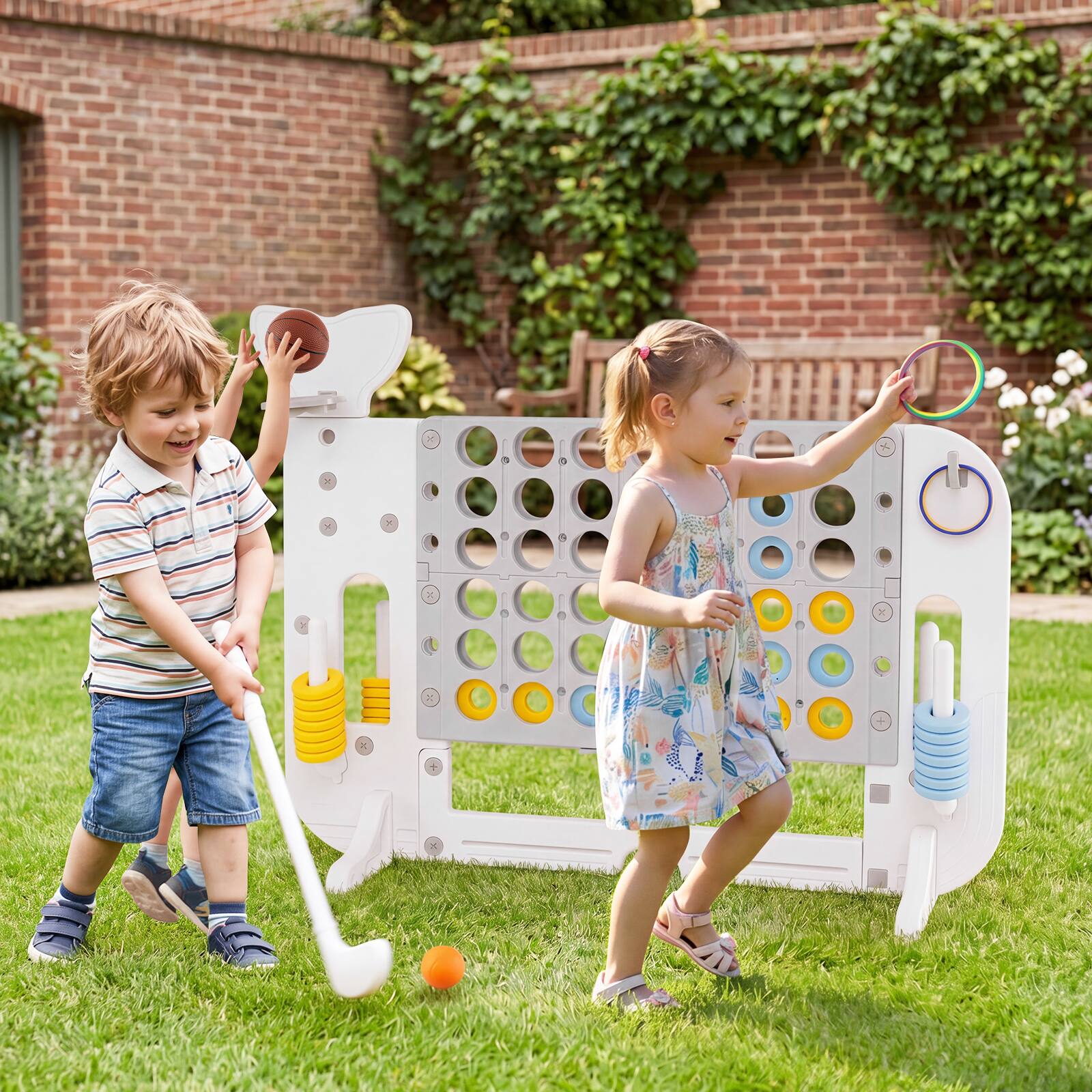 Alt View 1. Costway - Costway Jumbo Connect Four Game with Ring-toss Basketball Golf Club & Balls 2 Cups Holders - Gray.
