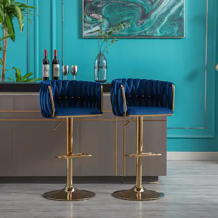 Front. PexFix - Modern Velvet Bar Stools, Set of 2, Adjustable Swivel with Golden Legs, Chrome Base for Kitchen Island, Home Bar - Navy.