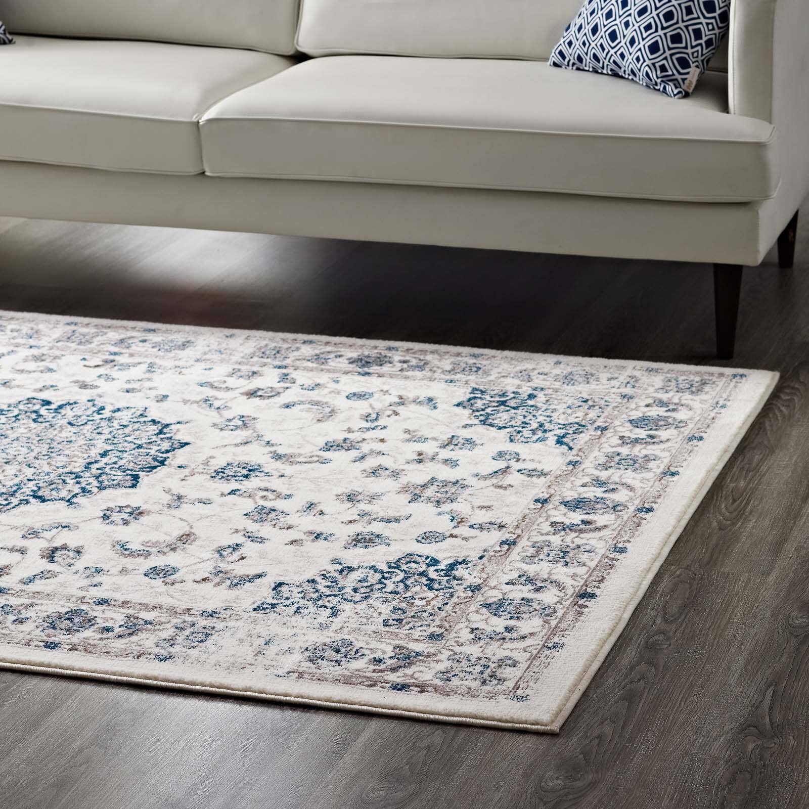 Back. Modway - Lilja Distressed Vintage Medallion Area Rug - Ivory and Moroccan Blue.