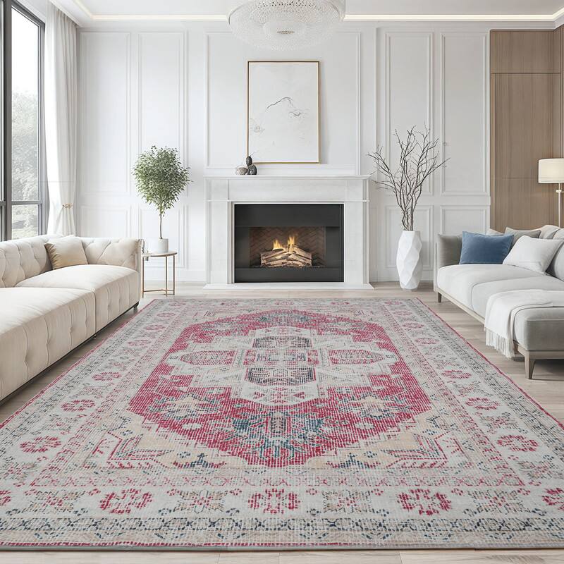 Angle. RYHNUYNE - 9x12 Area Rugs Living Room Rug Washable Vintage Boho Rug No Slip Stain Resistant Soft Carpet Indoor Floor Floral Carpets - Painting.