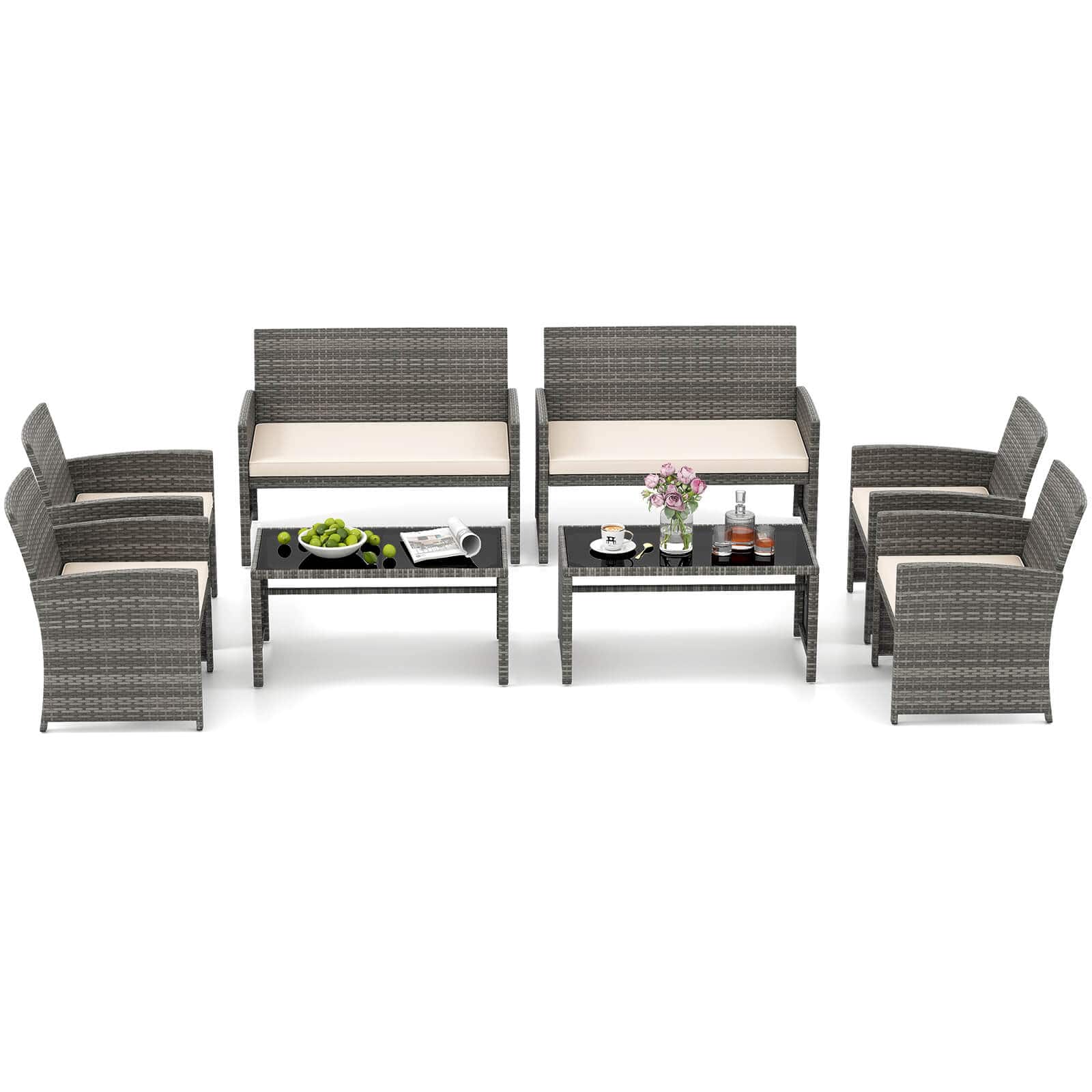 Costway - 8 PCS Patio Conversation Set with Seat Cushions & Tempered Glass Tabletop, Outdoor - Off-White,Gray