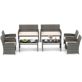 Costway - 8 PCS Patio Conversation Set with Seat Cushions & Tempered Glass Tabletop, Outdoor - Off-White,Gray