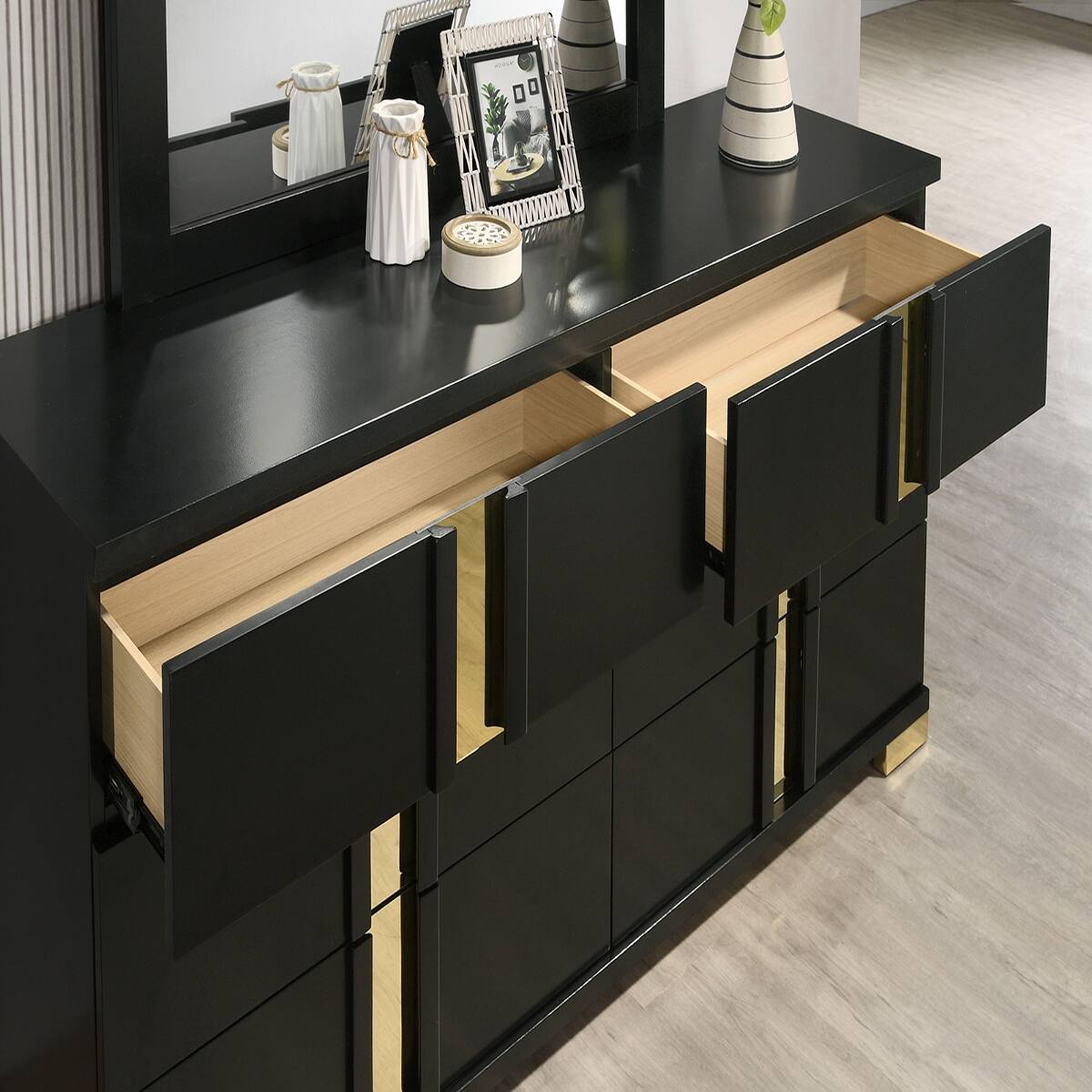 Alt View 5. Loheer - Loheer Black and Gold Nightstand with Two Drawers and Metal Legs - Black.