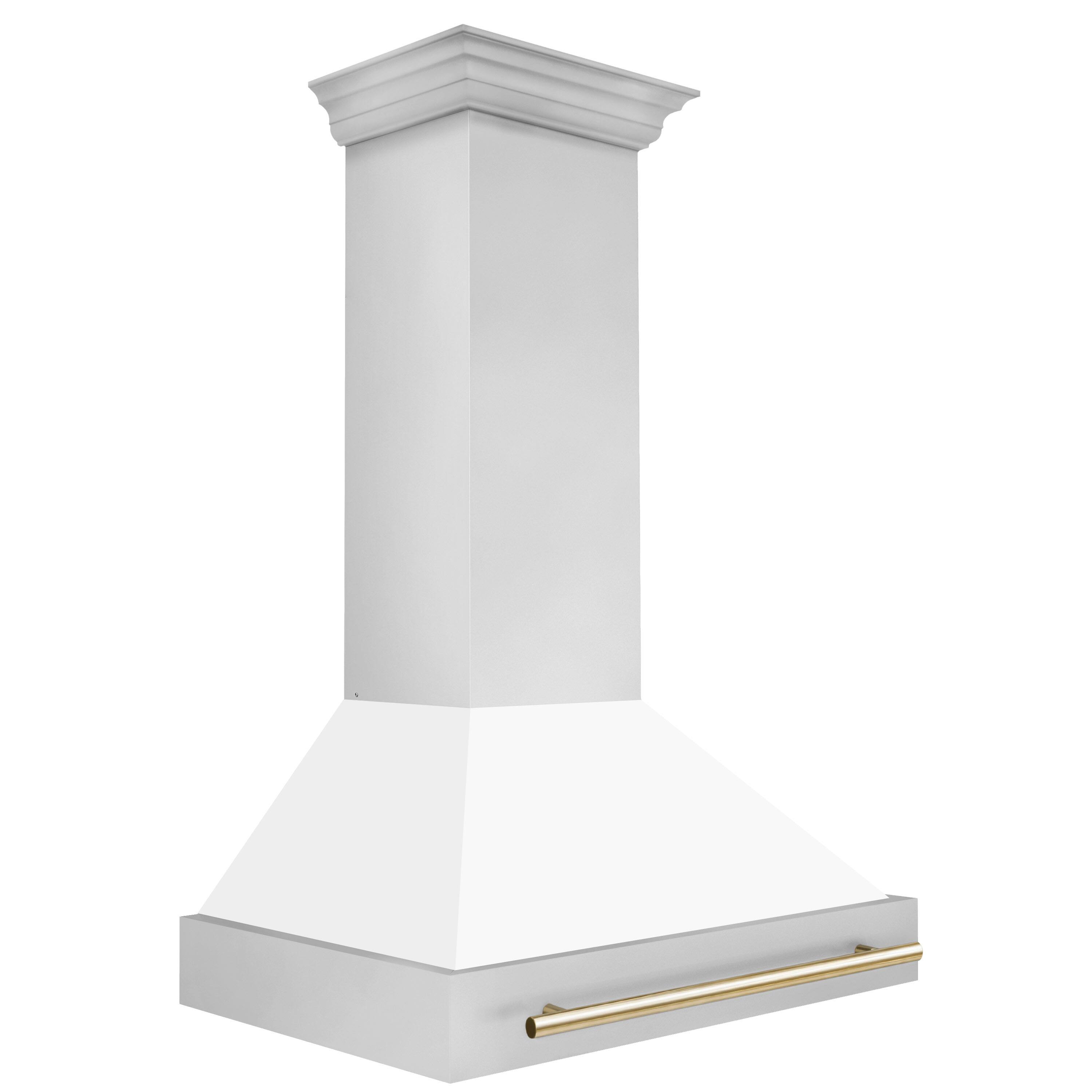 Angle. ZLINE - ZLINE Autograph Edition 36 in. Stainless Steel Range Hood with White Matte Shell and Polished Gold Handle - Stainless Steel.