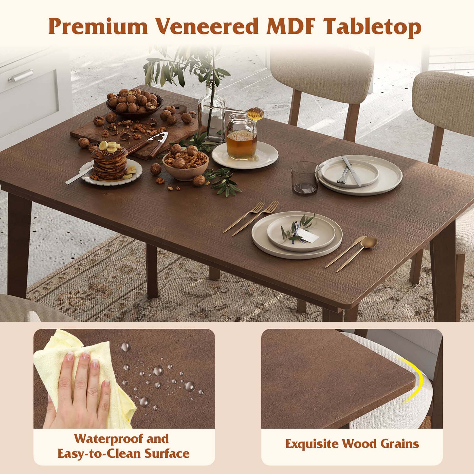 Premium Veneered MDF Tabletop: Waterproof and Easy-to-Clean Surface, Exquisite Wood Grains