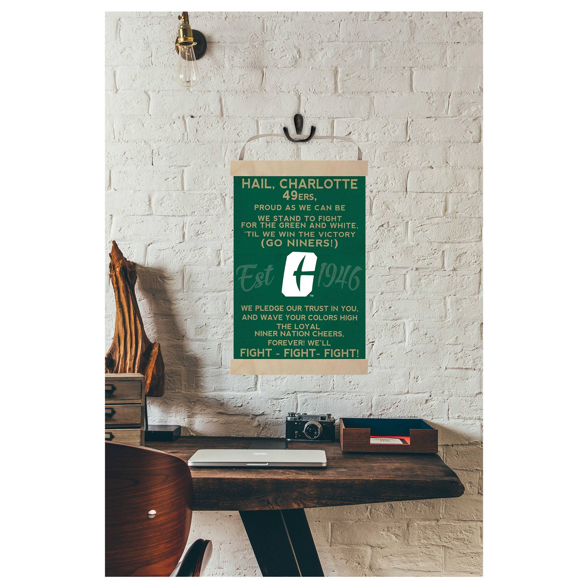 HAIL, CHARLOTTE 49ERS,  
PROUD AS WE CAN BE  
WE STAND TO FIGHT FOR THE GREEN AND WHITE.  
'TIL WE WIN THE VICTORY (GO NINERS!)  

Est 1946  

WE PLEDGE OUR TRUST IN YOU.  
AND WEAVE YOUR COLORS HIGH  
THE LOYAL NINER NATION CHEERS,  
FOREVER!  
WE'LL FIGHT - FIGHT - FIGHT!