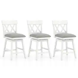 Gymax - 26'' Bar Stool Wooden Chair Set of 3 w/Contoured Backrest Swivel Padded Seat White & Gray - White, Gray