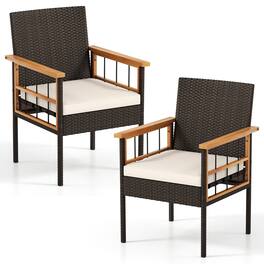 Gymax - Set of 2 Patio Dining Chairs w/ Removable Padded Cushion Acacia Wood Armrests Natural & Mix Brown Outdoor - White