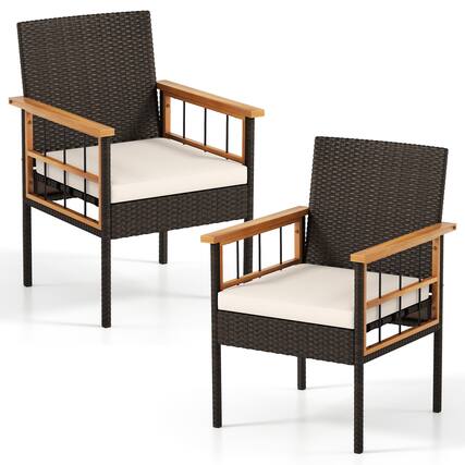 Front. Gymax - Gymax Set of 2 Patio Dining Chairs w/ Removable Padded Cushion Acacia Wood Armrests Natural & Mix Brown Outdoor - White.