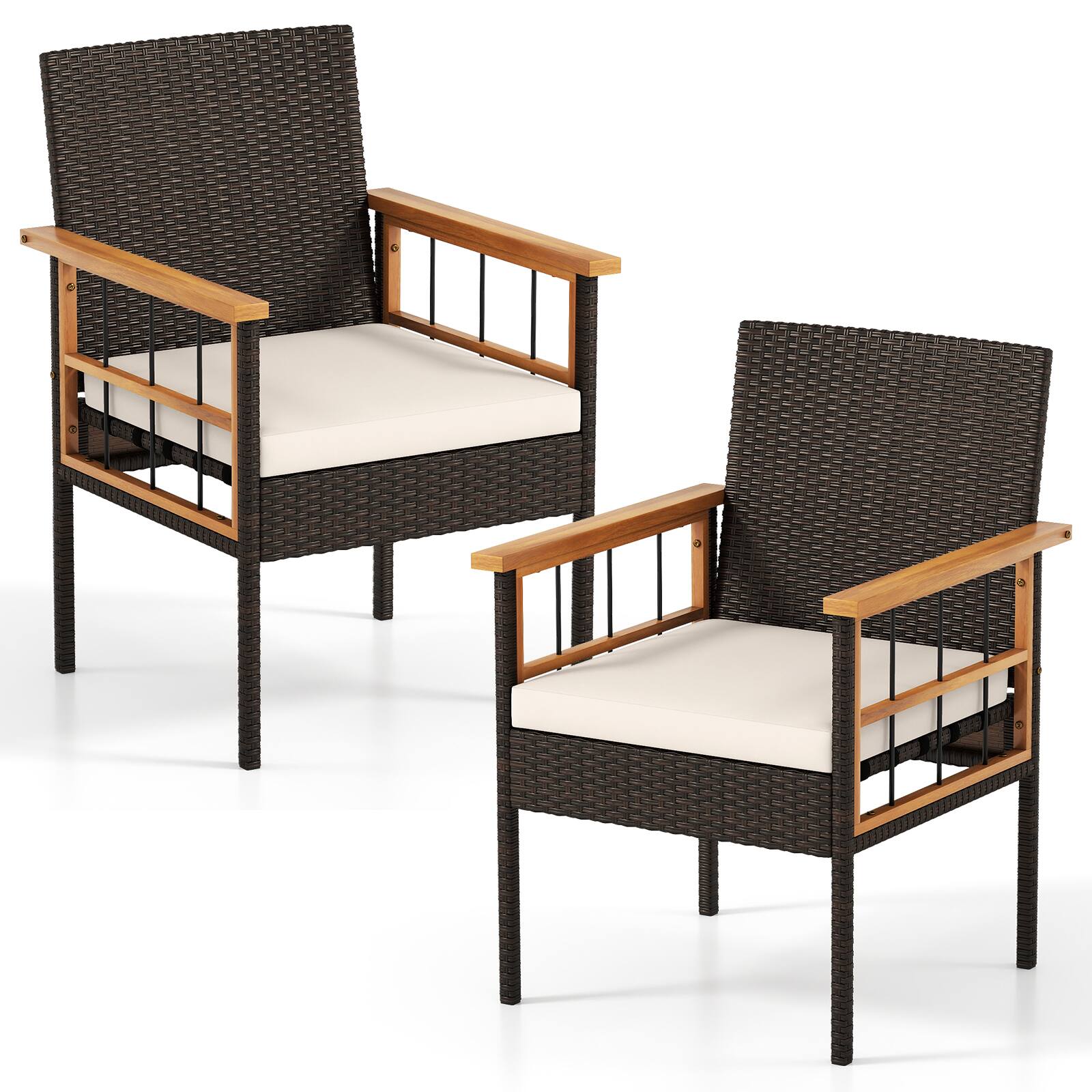 Front. Gymax - Gymax Set of 2 Patio Dining Chairs w/ Removable Padded Cushion Acacia Wood Armrests Natural & Mix Brown Outdoor - White.