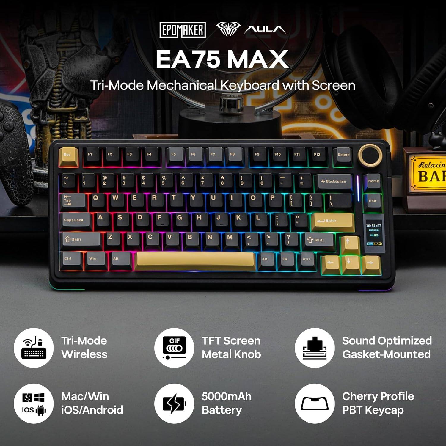 EPOMAKER AULA EA75 MAX Tri-Mode Mechanical Keyboard with Screen

- Tri-Mode Wireless
- TFT Screen Metal Knob
- Sound Optimized Gasket-Mounted
- 5000mAh Battery
- Cherry Profile PBT Keycap
- Mac/Win iOS/Android

Key Features:
- Tri-Mode Wireless
- TFT Screen Metal Knob
- Sound Optimized Gasket-Mounted
- 5000mAh Battery
- Cherry Profile PBT Keycap
- Mac/Win iOS/Android