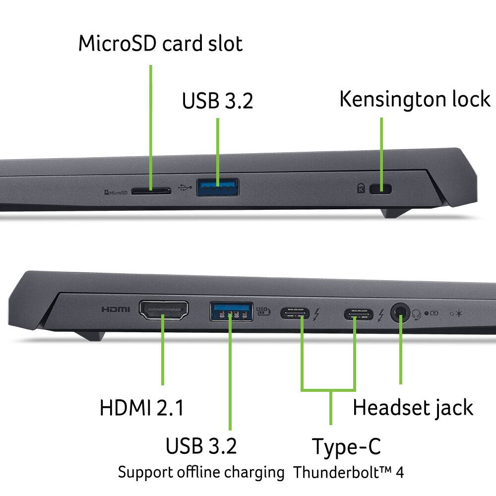 MicroSD card slot USB 3.2 Kensington lock MicroSD HOMI USa HDMI 2.1 Headset jack USB 3.2 Typ-C Support offline charging Thunderbolt 4