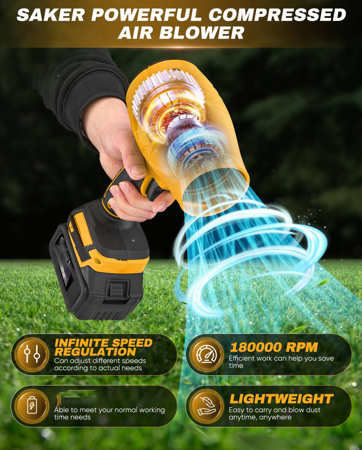 SAKER POWERFUL COMPRESSED AIR BLOWER

- INFINITE SPEED REGULATION
  Can adjust different speeds according to actual needs

- 180000 RPM
  Efficient work can help you save time

- LIGHTWEIGHT
  Easy to carry and blow dust anytime, anywhere

- Able to meet your normal working time needs