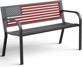 Yardgrace - 47In Sturdy Outdoor Metal Bench Stars Stripes, 2-Person Patio Cast Iron Steel for Porch Yard Lawn - Red