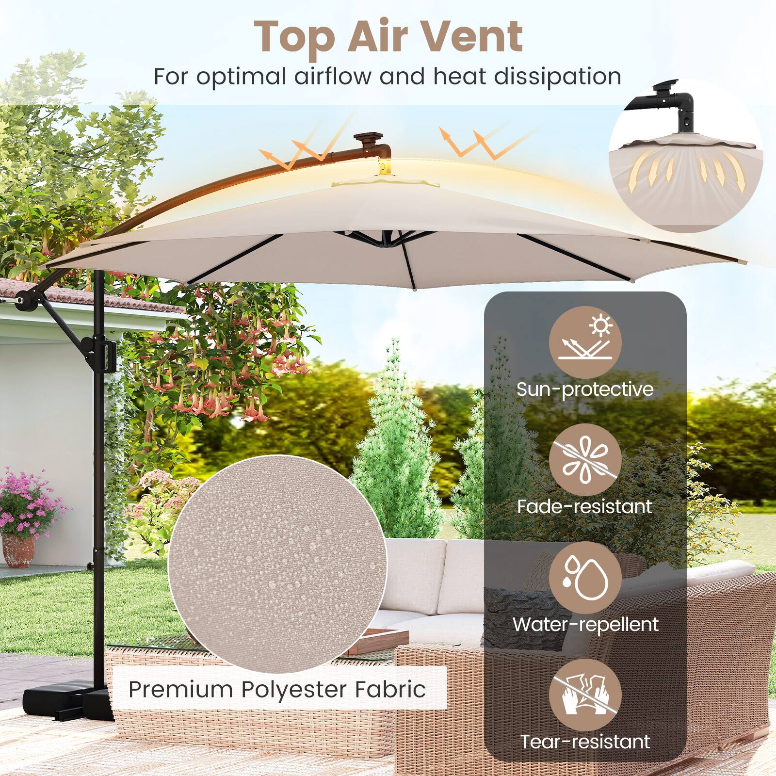 Top Air Vent  
For optimal airflow and heat dissipation  

Premium Polyester Fabric  

Sun-protective  
Fade-resistant  
Water-repellent  
Tear-resistant
