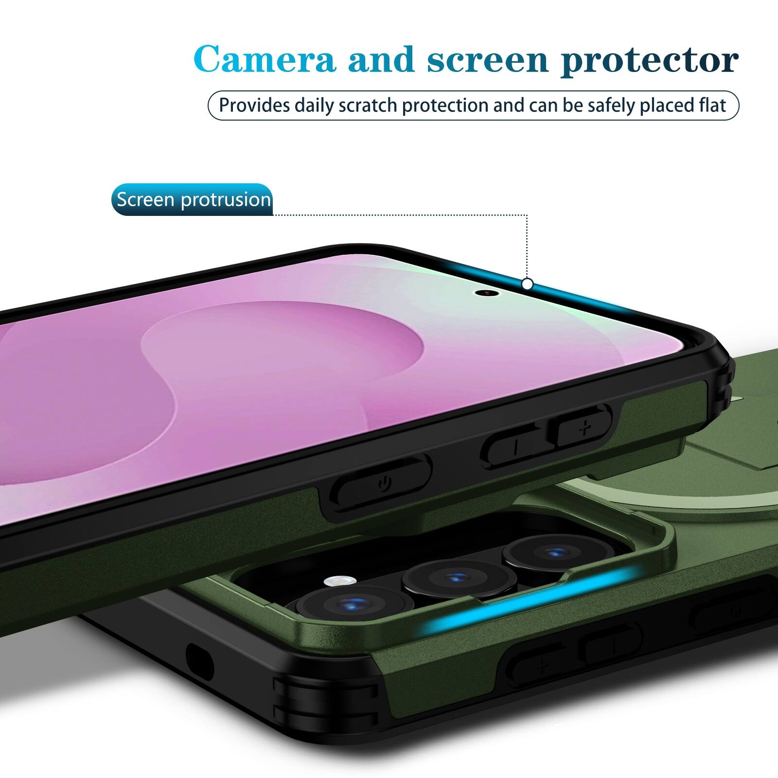 Camera and screen protector  
Provides daily scratch protection and can be safely placed flat  
Screen protrusion
