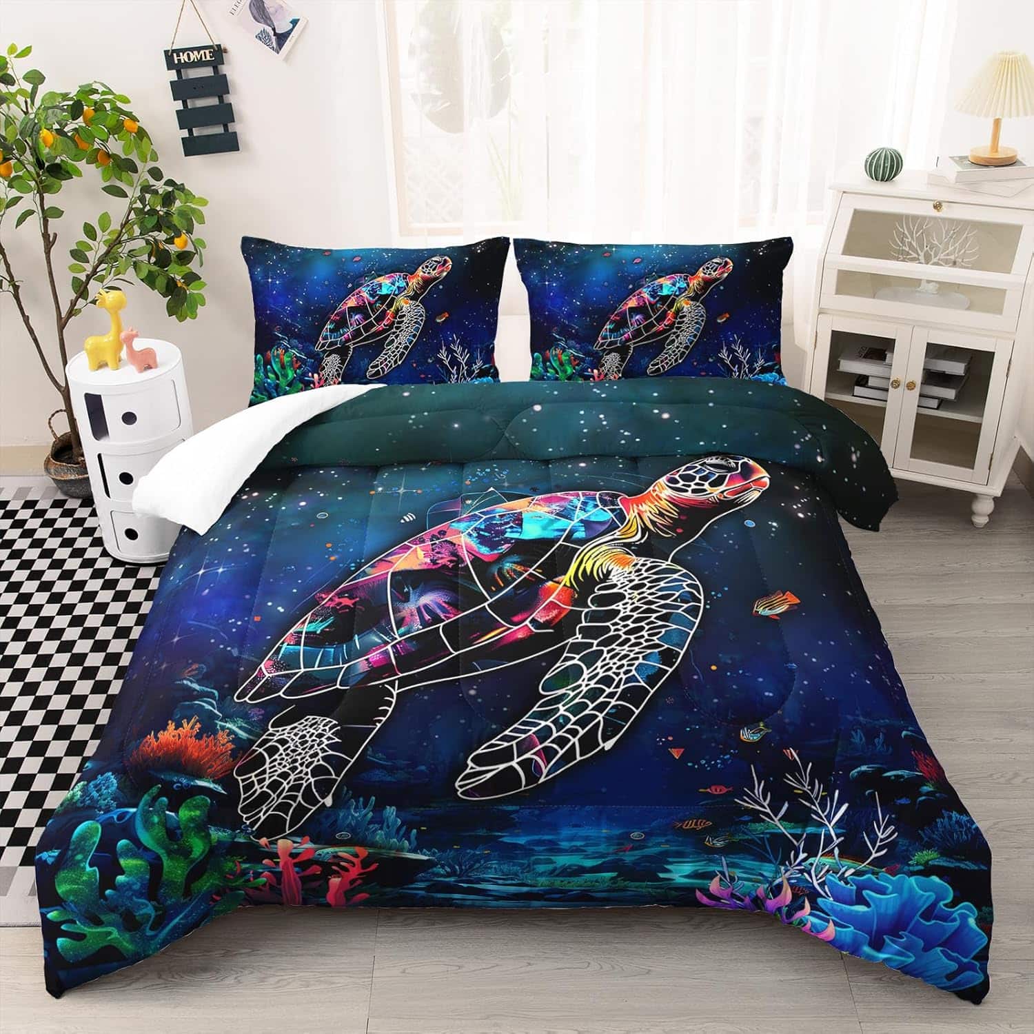 Wikistore - Turtle Comforter Set Queen Size Ocean Beach Animals Bedding with Fish Coral Pattern - As Picture