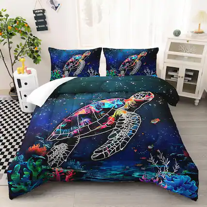 Front. Wikistore - WIKISTORE Turtle Comforter Set Queen Size Ocean Beach Animals Bedding with Fish Coral Pattern - As Picture.