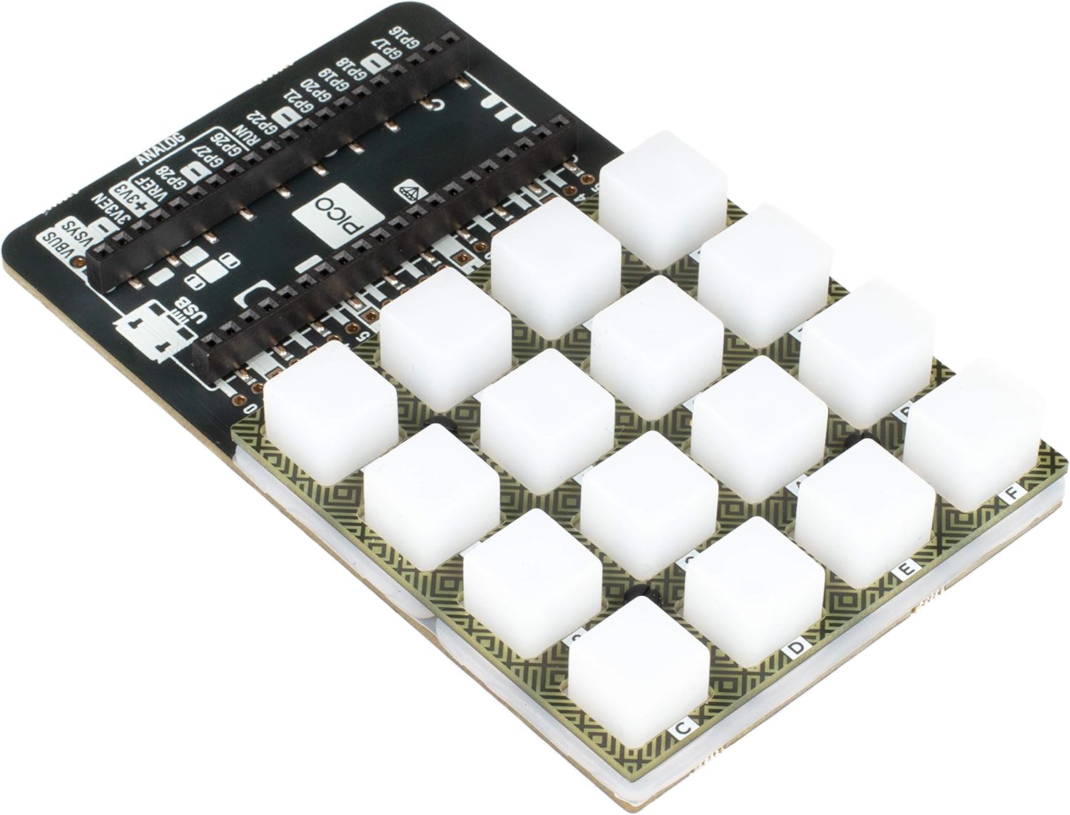 GP17 GPT8 GP21 GP20 RUN GP22 ANALOG GP27 GP26 VREF GP28 3V3EN +3V3 VSYS PICO VBUS USB