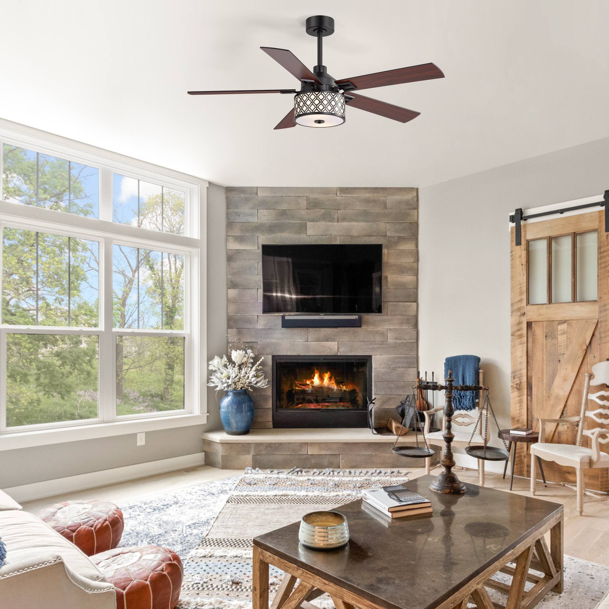 Left. Breezary - 52-Inch Ceiling Fan with Light Fixture, 5 Reversible Plywood Blades, DC Remote Control, 5/10-Inch Downrods, Indoor Use - Matte Black and Walnut.