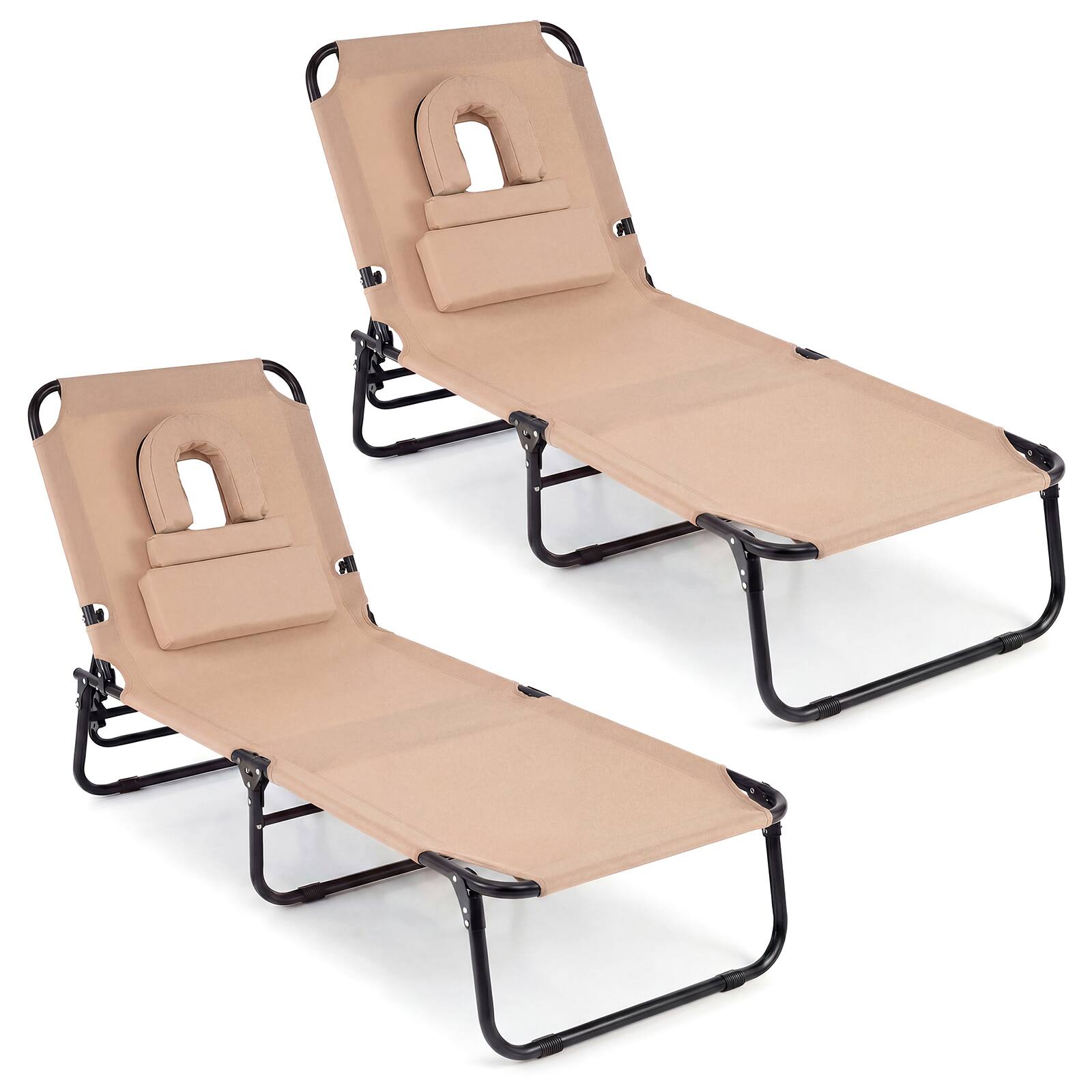 Front. Gymax - Gymax 2PCS Folding Beach Sun Lounger w/Face Hole Removable Pillows 4-Position Backrest Sand - Beige.