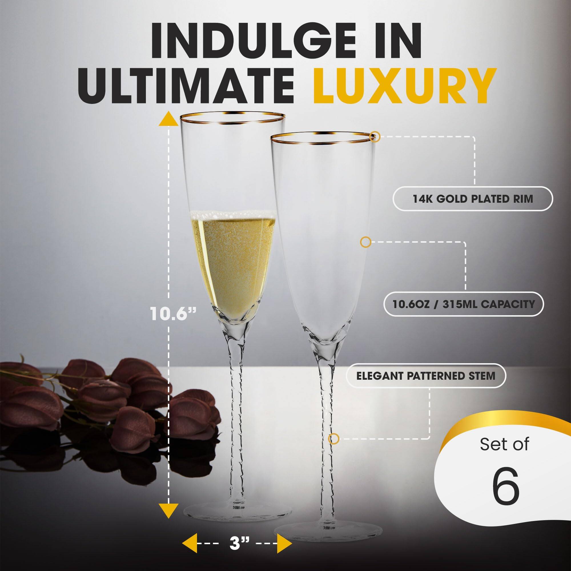 INDULGE IN ULTIMATE LUXURY

14K GOLD PLATED RIM

10.6"

10.6OZ / 315ML CAPACITY

ELEGANT PATTERNED STEM

Set of 6

--- 3" ---