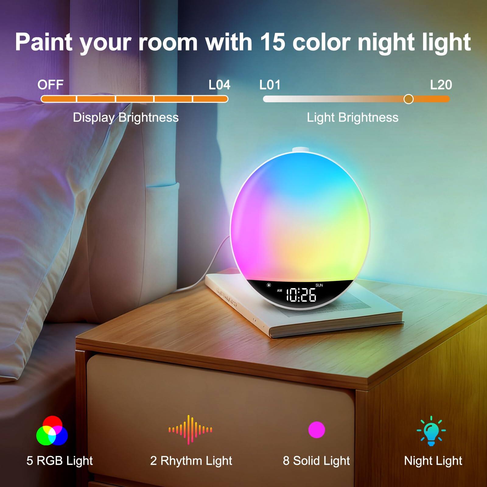 Paint your room with 15 color night light

OFF L04 L01 L20

Display Brightness Light Brightness

5 RGB Light 2 Rhythm Light 8 Solid Light Night Light