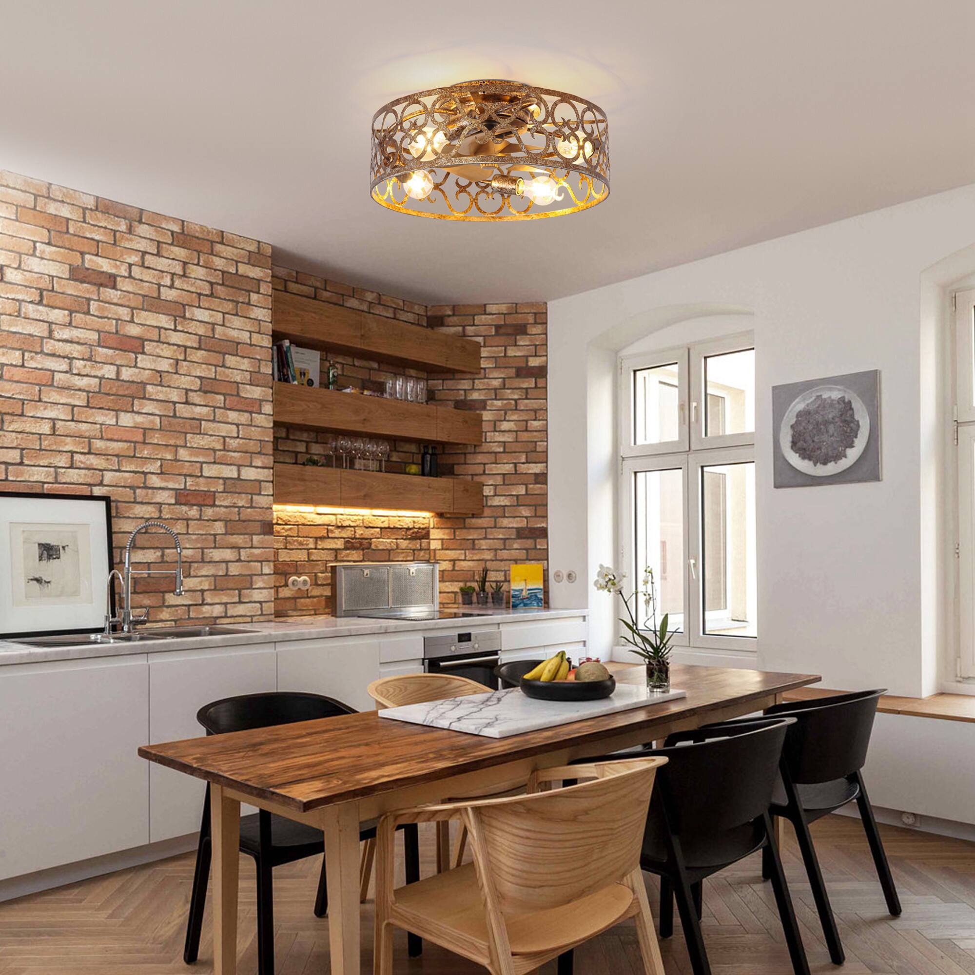 Back. Parrot Uncle - 18" Metal Caged Smart Ceiling Fan with Light and Remote and App Control - Rustic Gold.