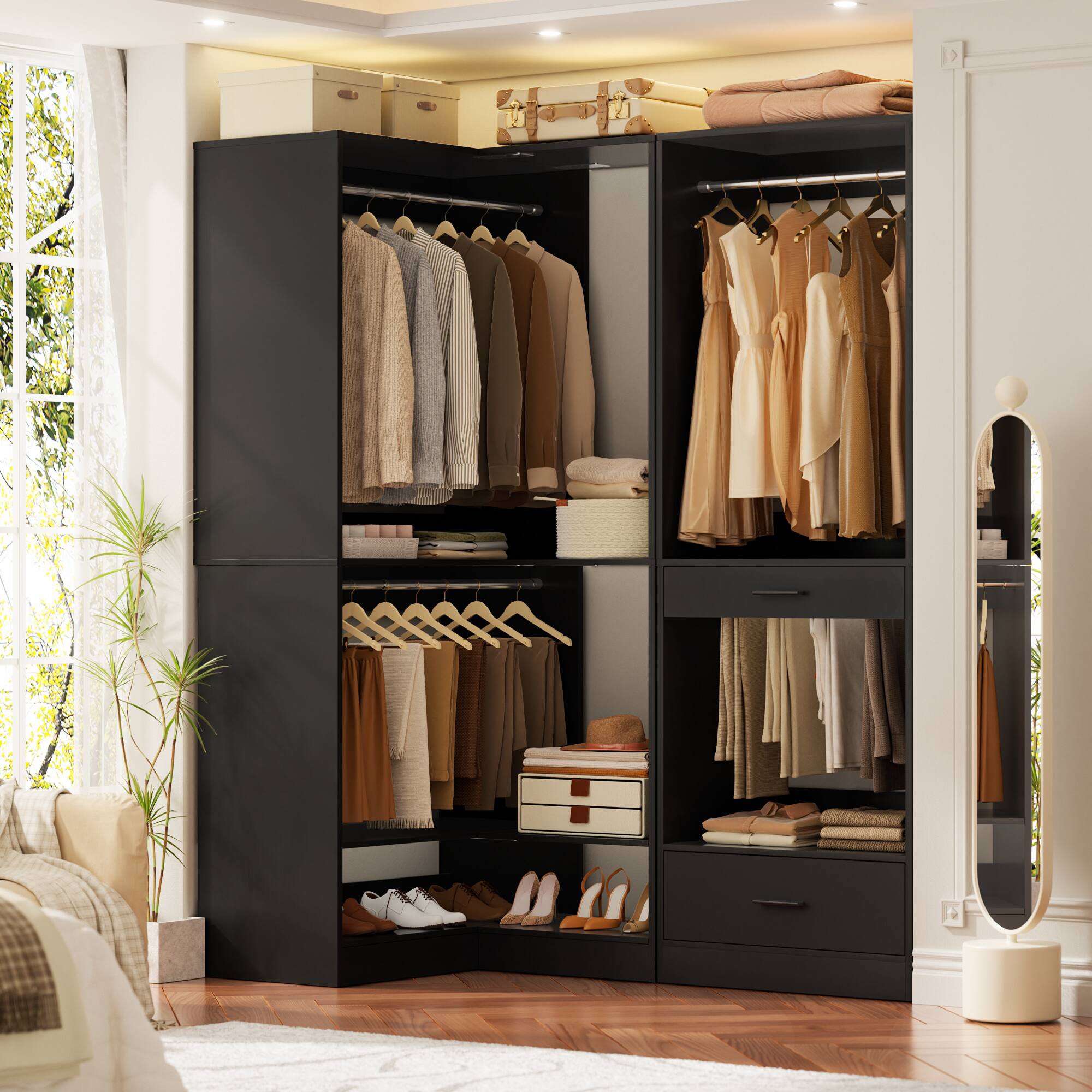 Back. Aheaplus - Modular Corner Closet System, 31'' Corner Tower with 2 Hanging Rods and Shelves for Storage & Organization - Black.