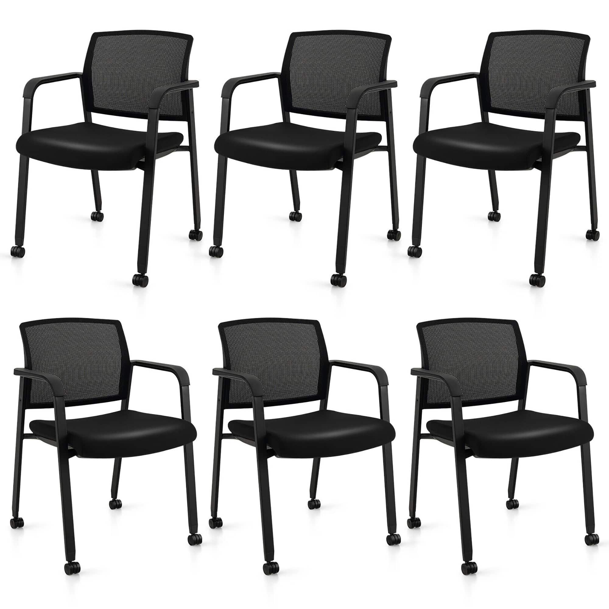 Gymax - 6-Pack Office Conference Chair Set Mesh Guest Reception Stack Chairs w/ Caster Wheels - Black