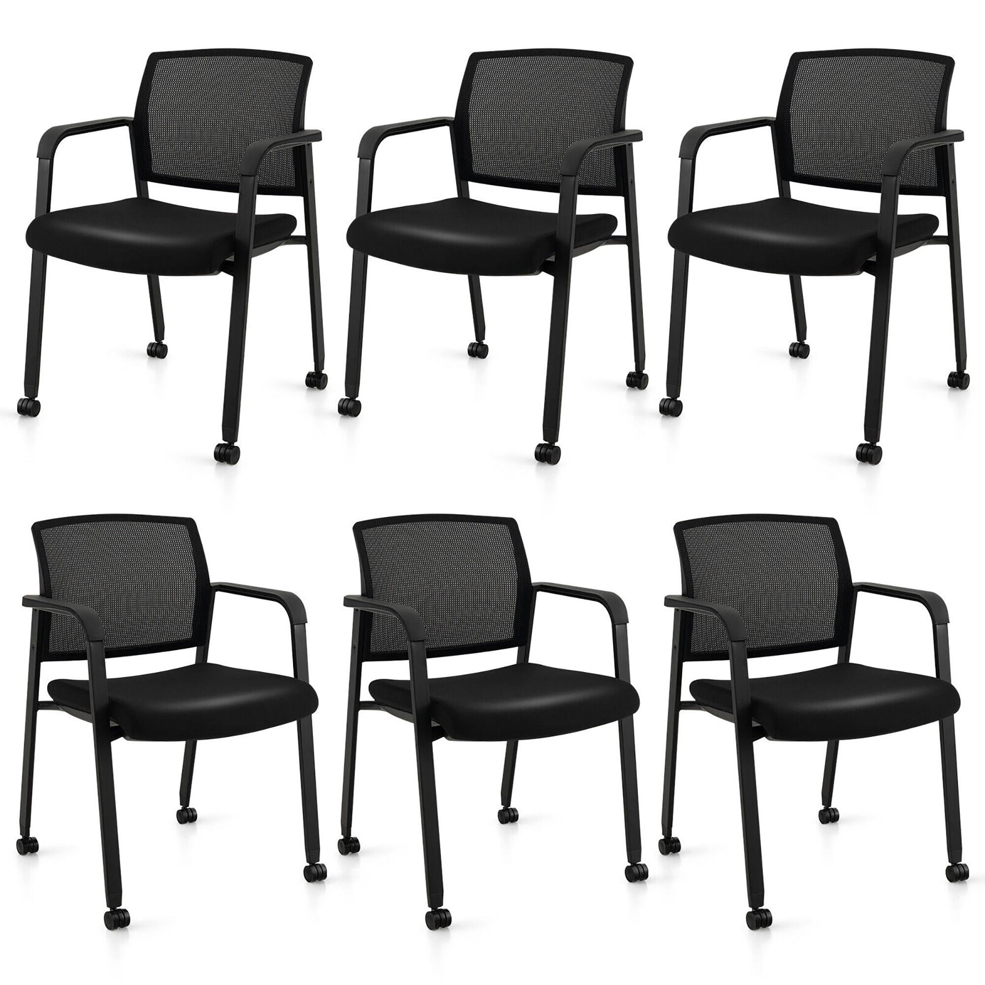 Gymax - 6-Pack Office Conference Chair Set Mesh Guest Reception Stack Chairs w/ Caster Wheels - Black