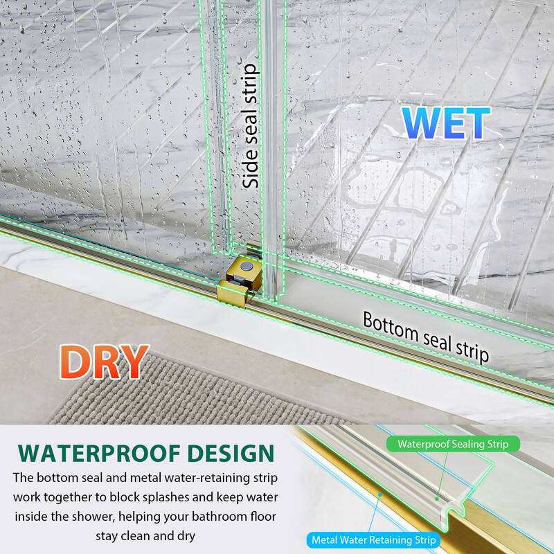 strip seal Side WET DRY Bottom seal strip WATERPROOF DESIGN

The bottom seal and metal water-retaining strip work together to block splashes and keep water inside the shower, helping your bathroom floor stay clean and dry

Waterproof Sealing Strip

Metal Water Retaining Strip