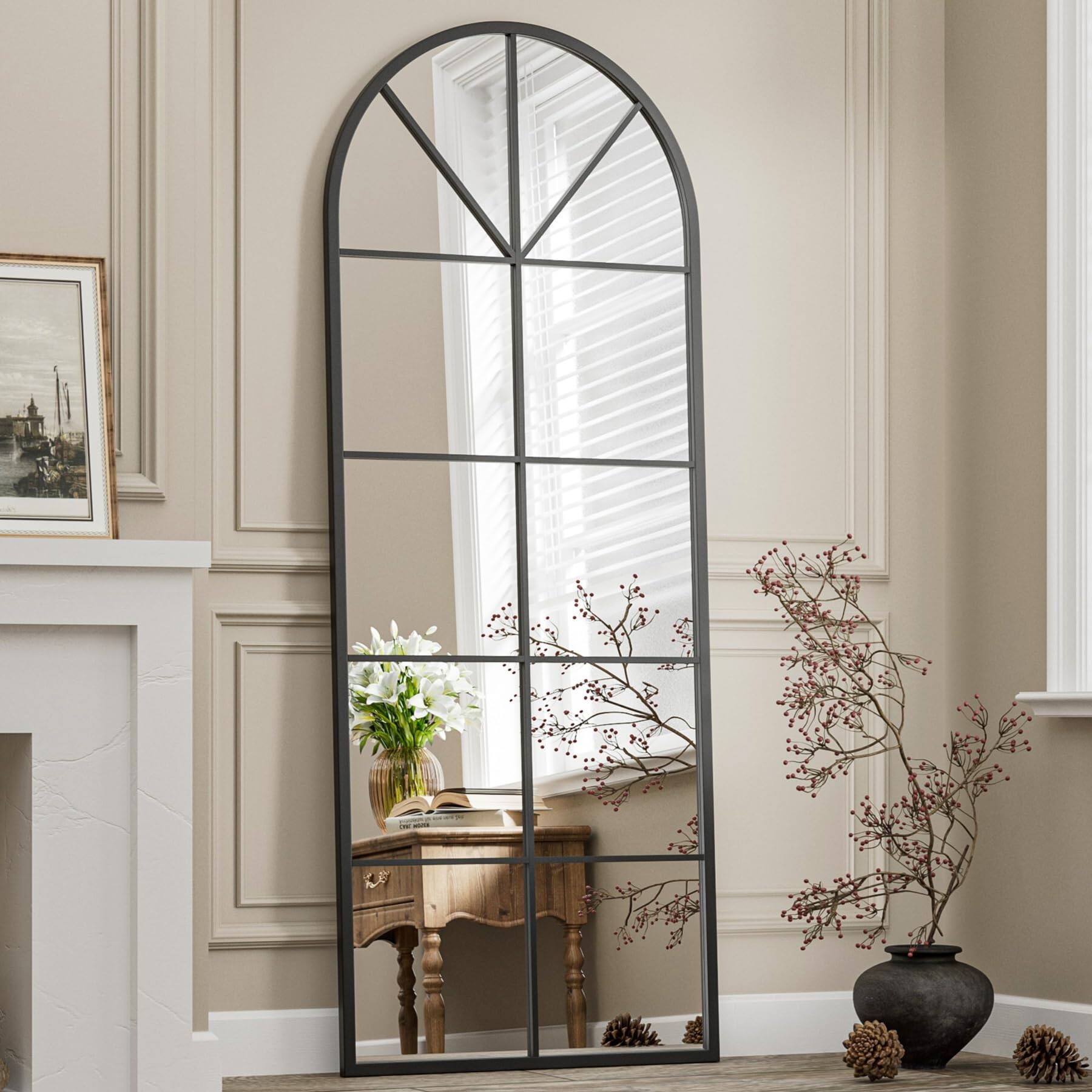 Front. Earthley Blooms - Arched Floor Mirror 76 "x 34" Full Length Wall Mirrors Hanging Or Leaning Arched-top Body With Stand For ... - Black-wdm-65"L x 22"W.