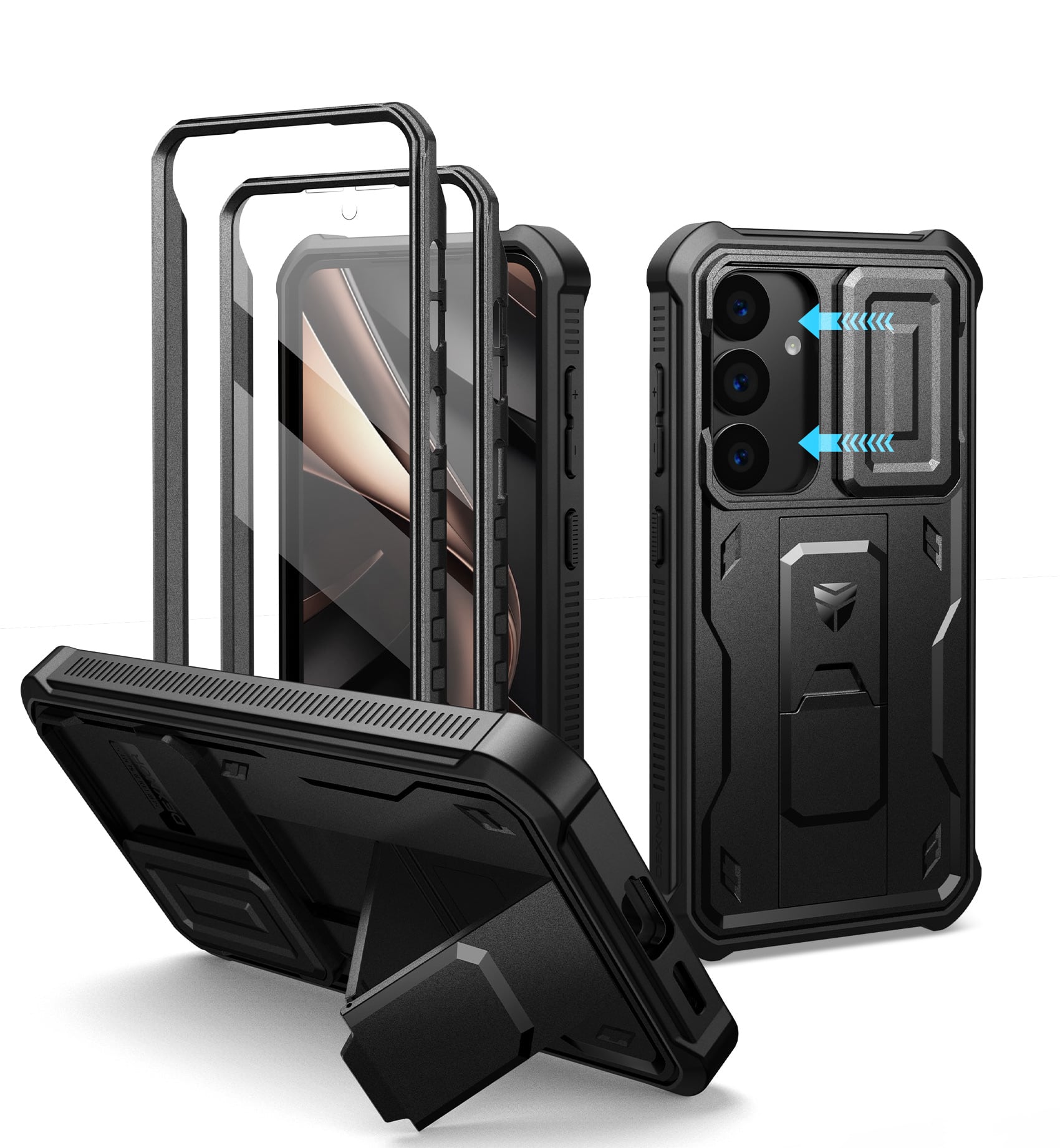 Front. dexnor - Dexnor for Samsung Galaxy S25 Case with Built-in Slide Camera Cover & Screen Protector & Kickstand,Black - Black.