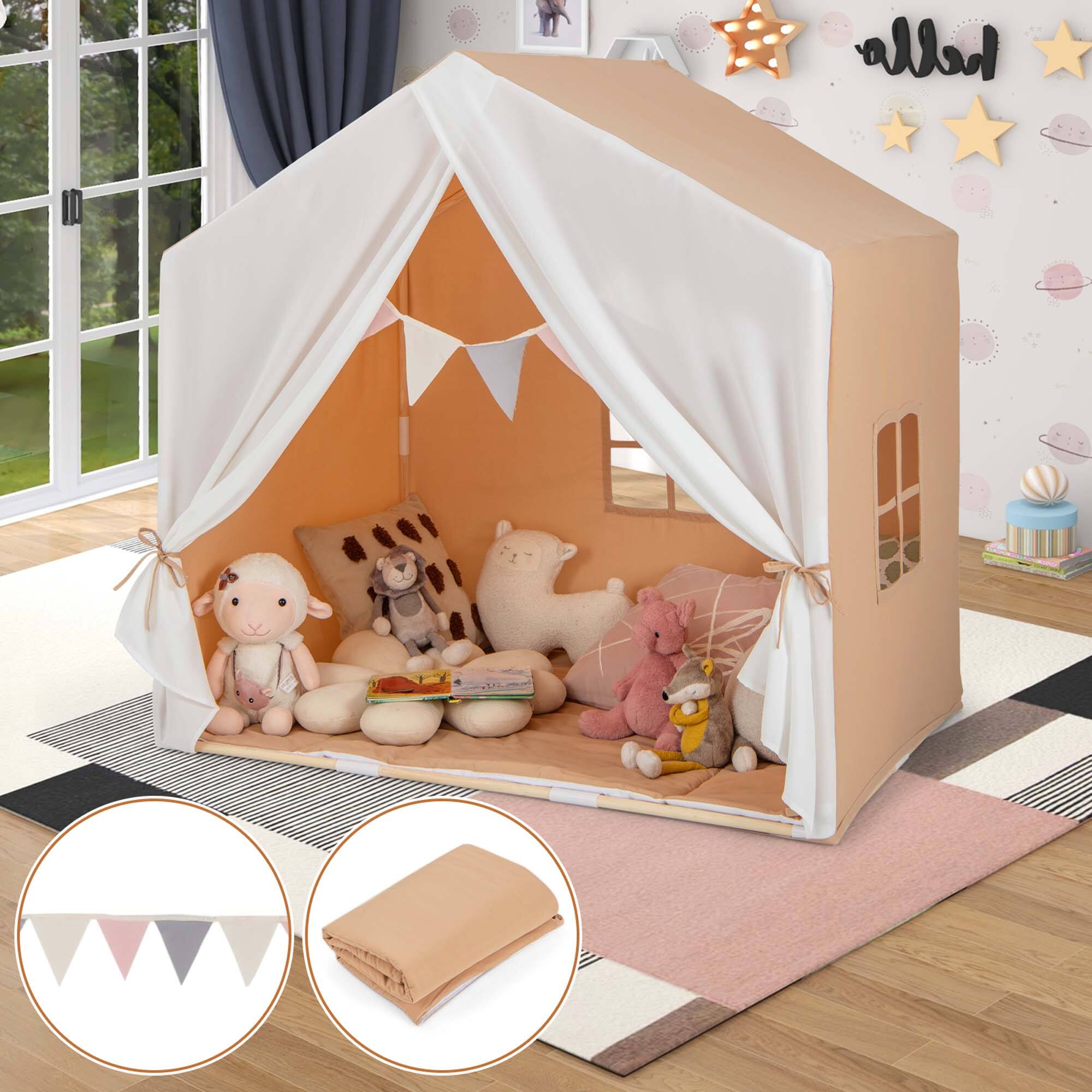 Alt View 3. Costway - Costway Kid's Play Tent Toddler Playhouse Castle Solid Wood Frame with Washable Mat - Orange.
