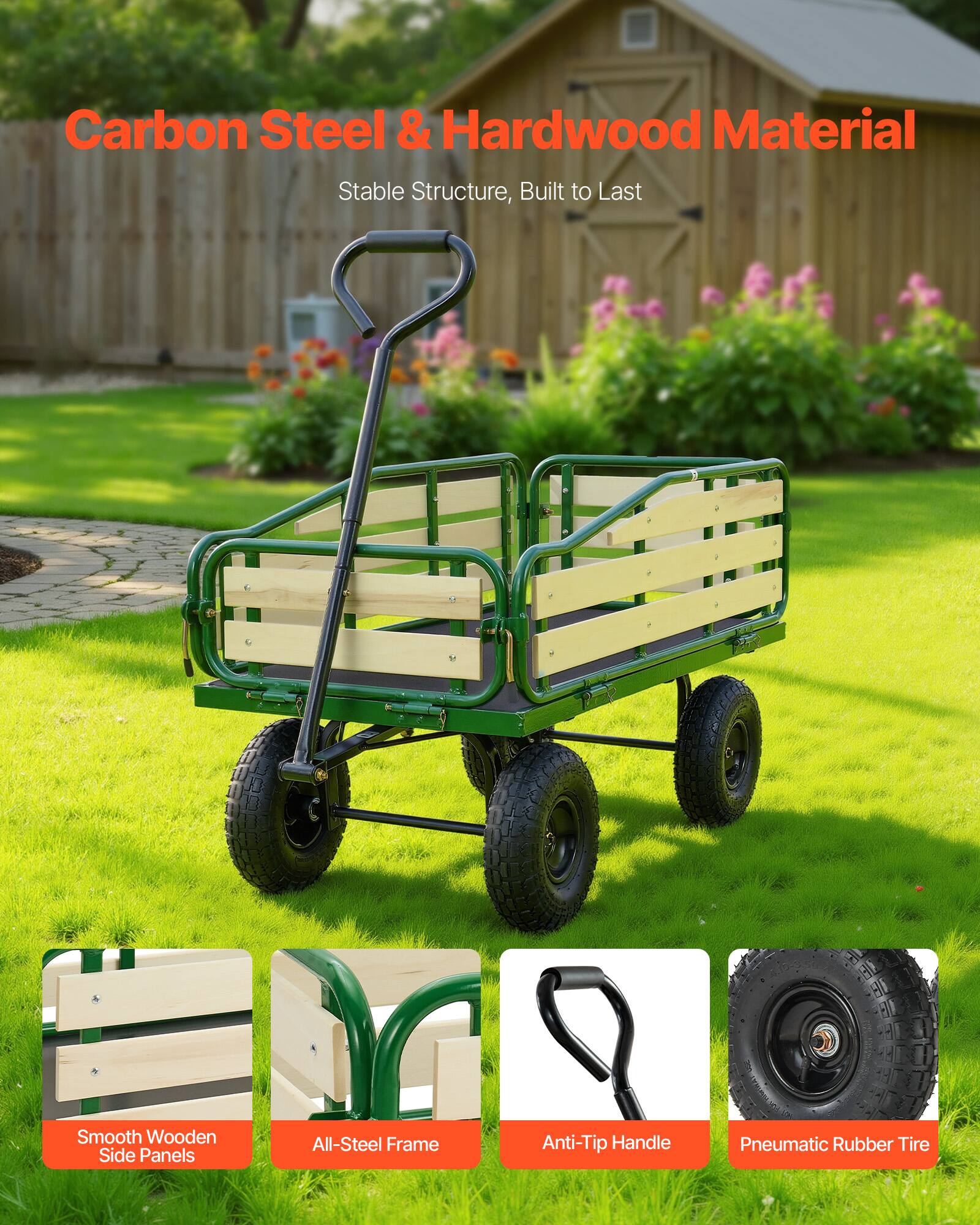 Carbon Steel & Hardwood Material  
Stable Structure, Built to Last  

Smooth Wooden Side Panels  
All-Steel Frame  
Anti-Tip Handle  
Pneumatic Rubber Tire