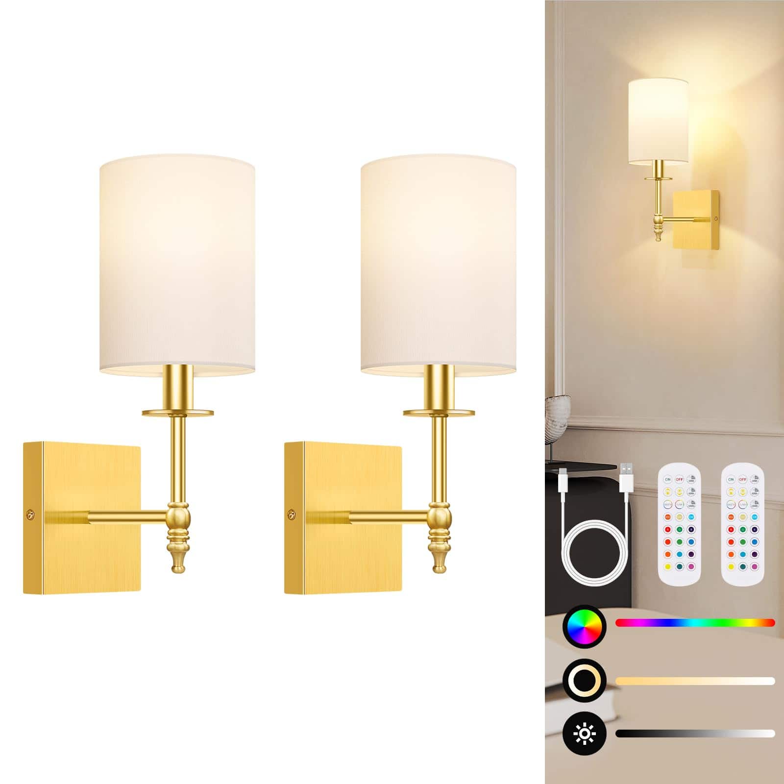 Comfort Essence - Inch Operated Wall Sconces Set Of Rechargeable Wireless Lights With Remote Shade Indoor Not HardwiDimmabl - Gold and White 14.5 inch