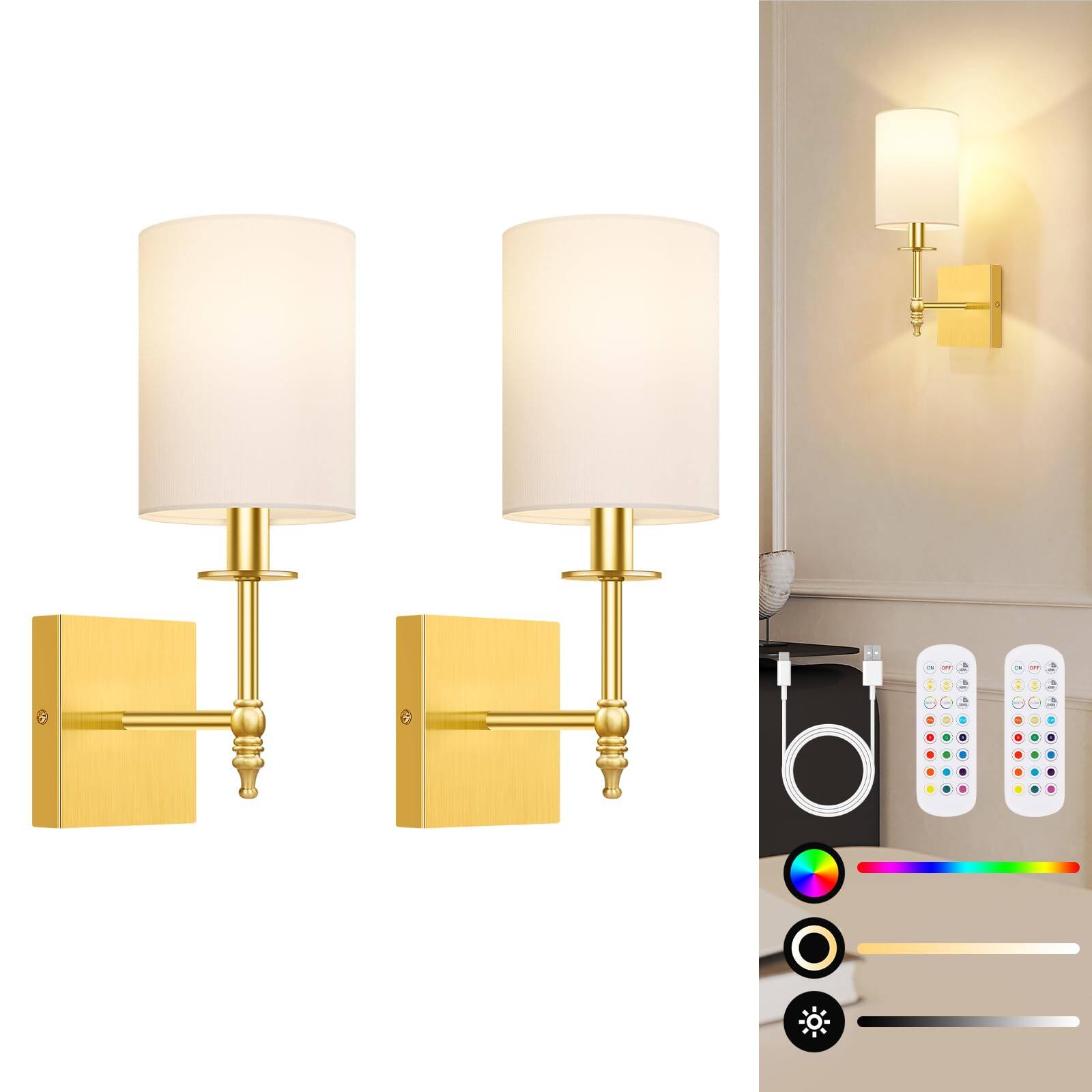 Front. Comfort Essence - Inch Operated Wall Sconces Set Of Rechargeable Wireless Lights With Remote Shade Indoor Not HardwiDimmabl - Gold and White 14.5 inch.