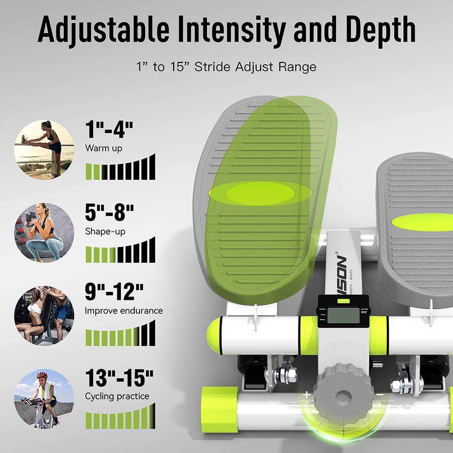 Adjustable Intensity and Depth

1" to 15" Stride Adjust Range

1"–4"
Warm up

5"–8"
Shape-up

9"–12"
Improve endurance

13"–15"
Cycling practice