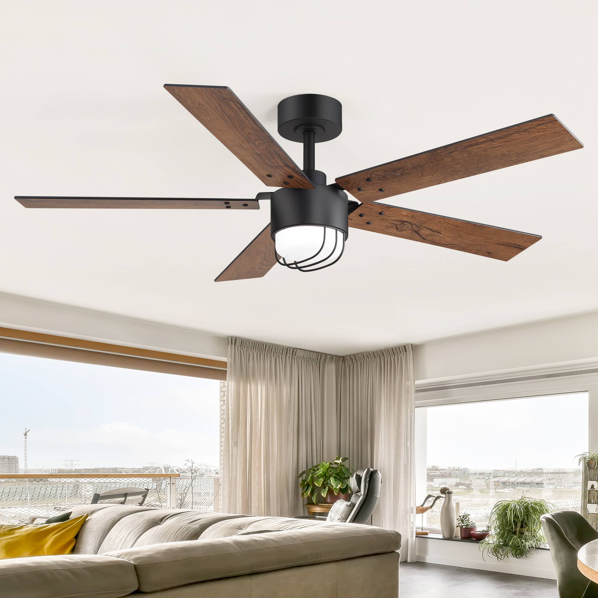 Alt View 1. Breezary - 52-Inch Modern Ceiling Fan with LED Light & Remote, 6'' Downrod, 5 Reversible Blades, 6-Speed DC Motor, Timer, 6-Speed - black.