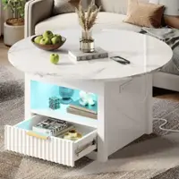 Bestier 31inch LED Lift Top Coffee Table Round Coffee Table with Storage with Drawer - White - Front_Zoom