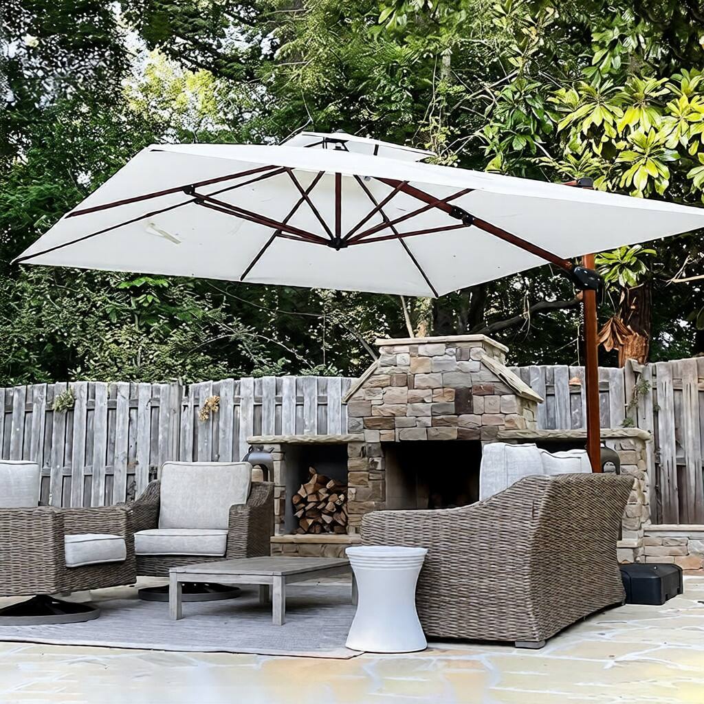 Angle. PURPLE LEAF - 9 ft. Patio Square Outdoor Large Cantilever Umbrella Windproof Offset Heavy Duty Sun Umbrella with Base for Garden - Cream.