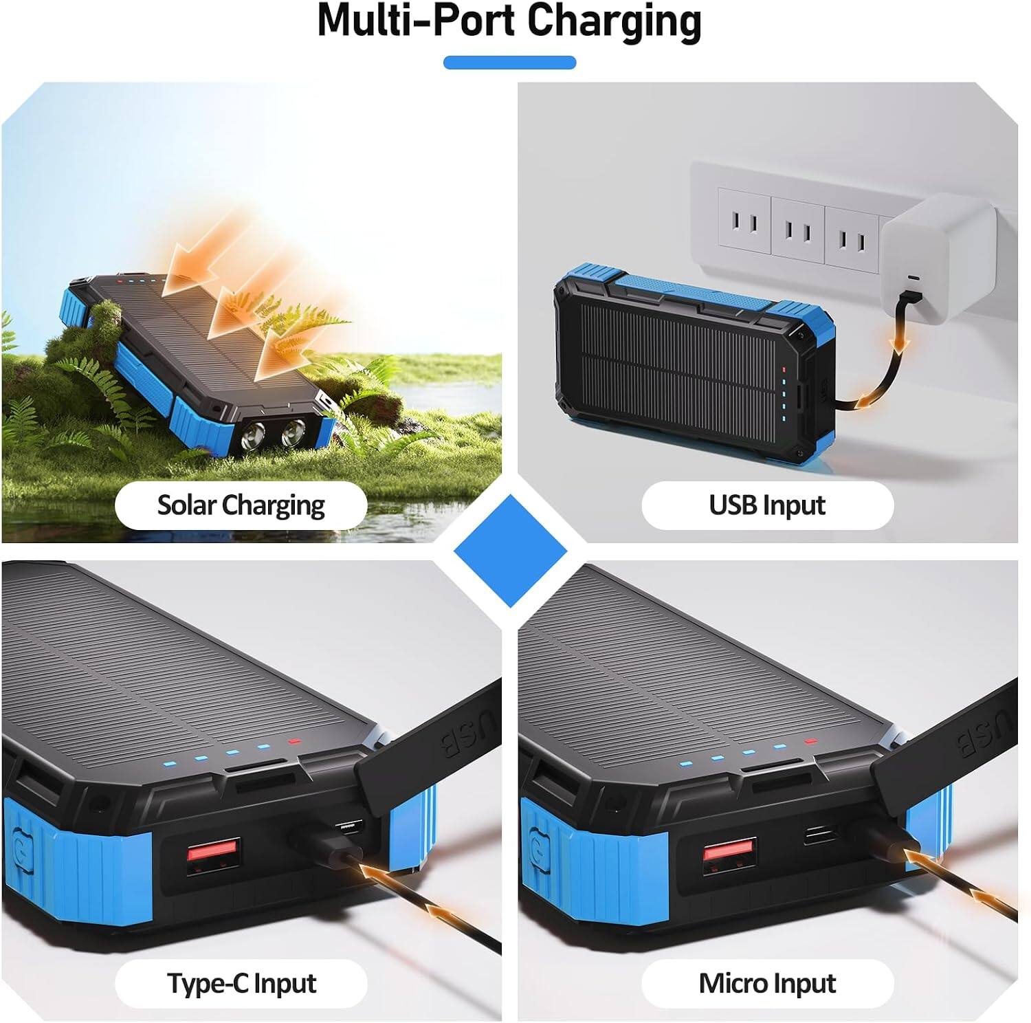 Multi-Port Charging

Solar Charging

USB Input

Type-C Input

Micro Input
