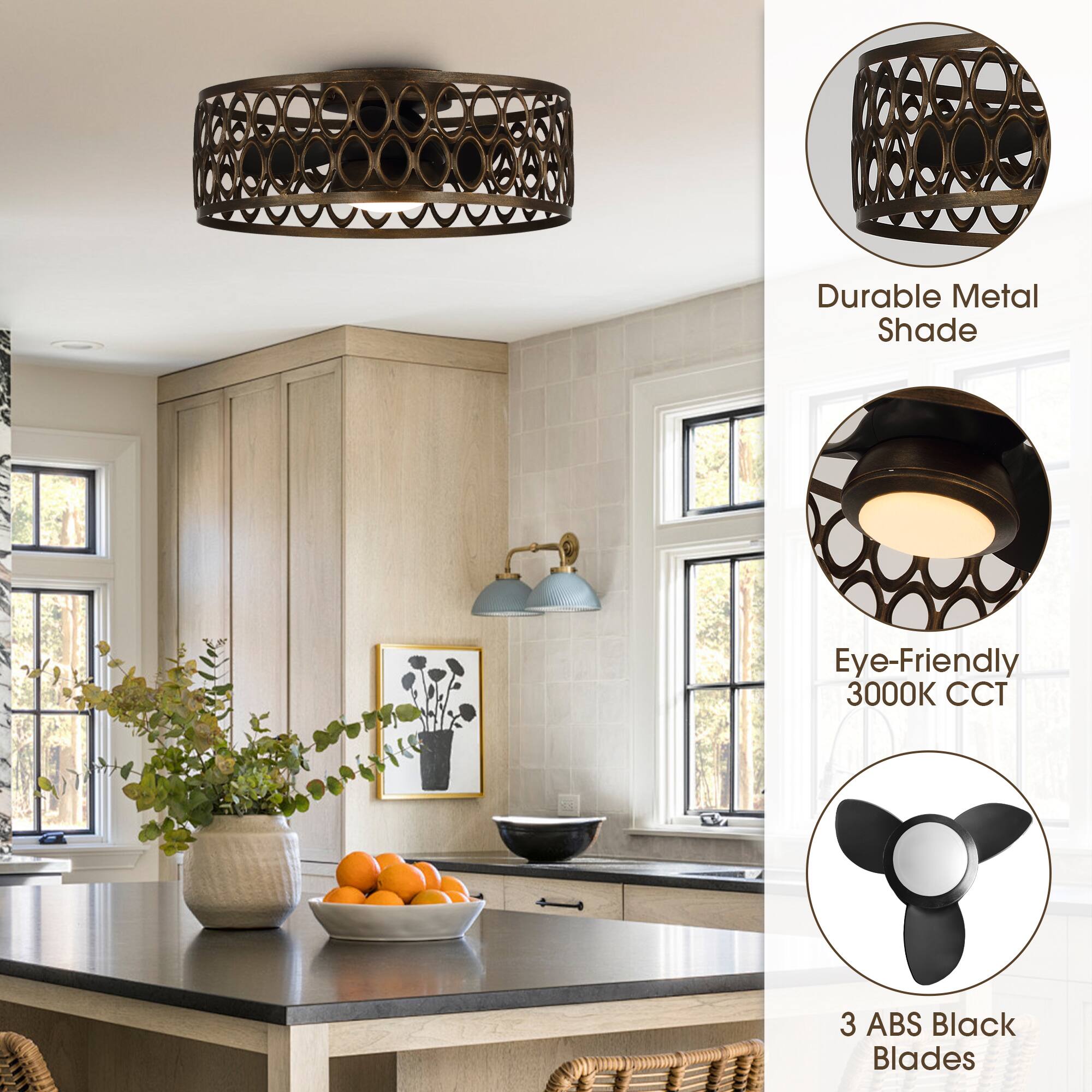 - Durable Metal Shade
- Eye-Friendly 3000K CCT
- 3 ABS Black Blades